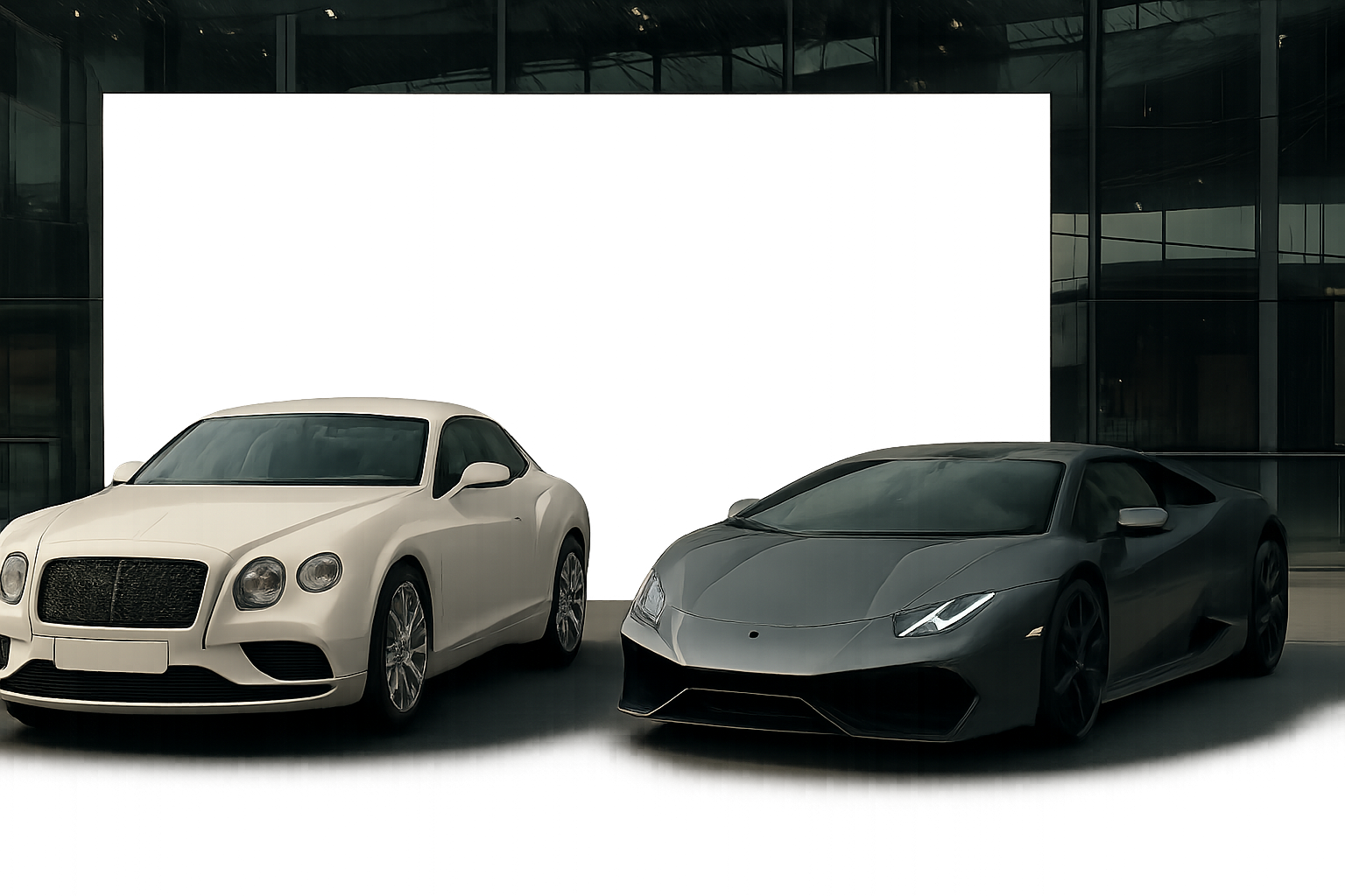 Two sleek, modern cars—one white, one dark grey—parked side by side against a minimalist architectural backdrop