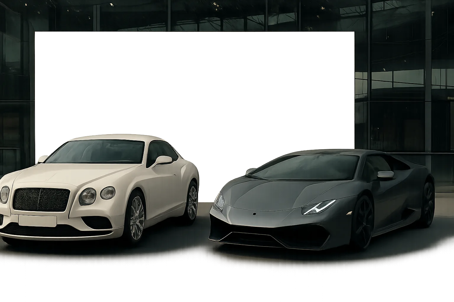 Two sleek, modern cars—one white, one dark grey—parked side by side against a minimalist architectural backdrop