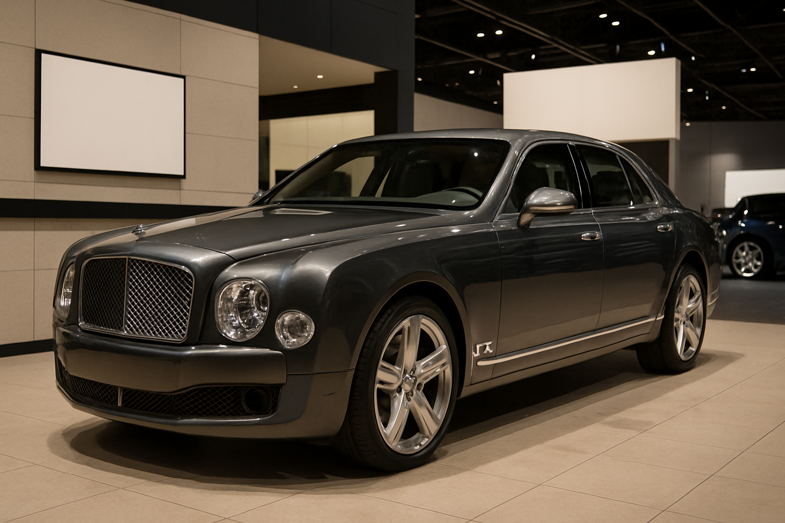 A sleek, dark grey luxury sedan with chrome accents and large alloy wheels in a softly lit, modern showroom interior