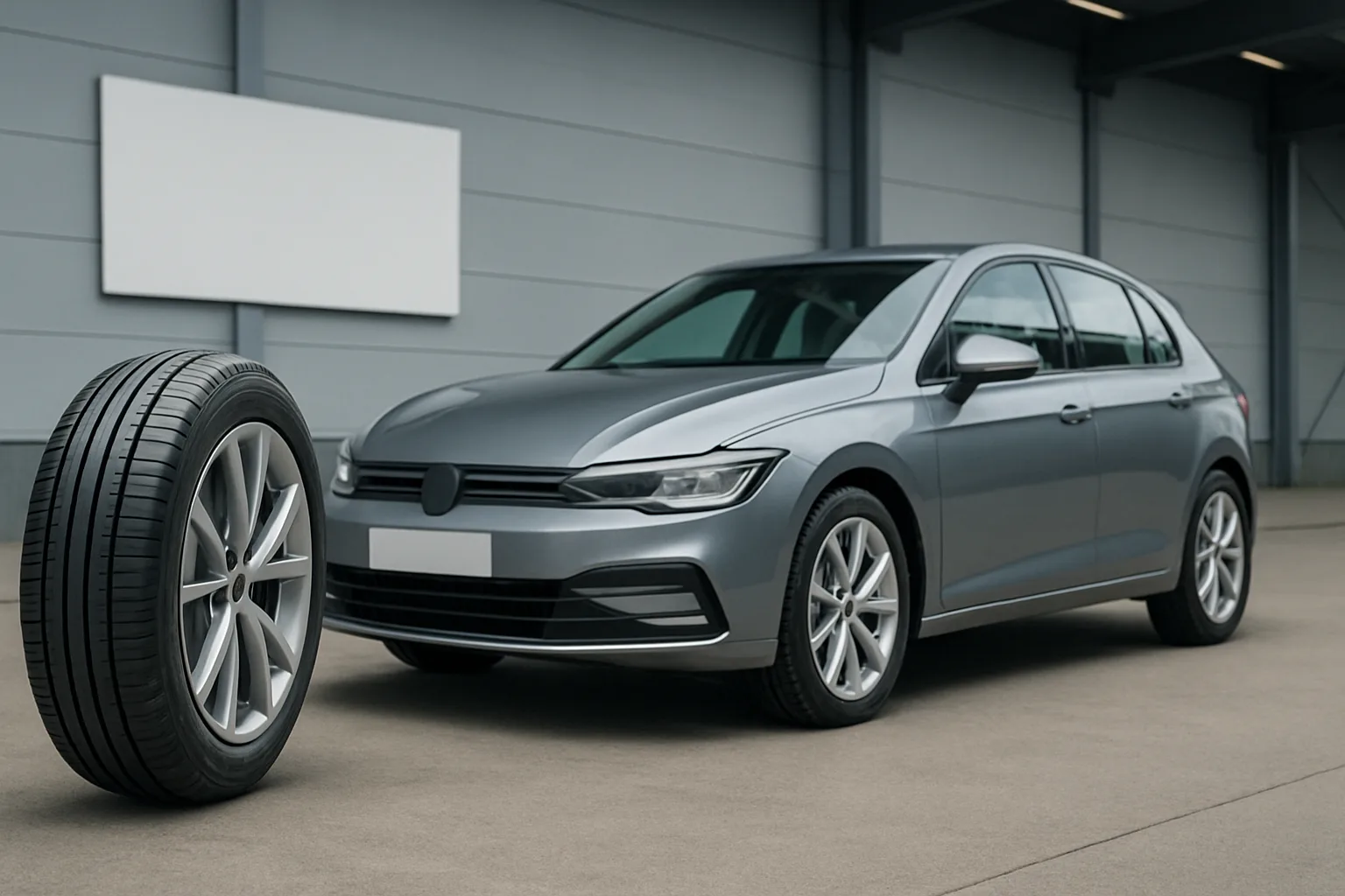 A sleek grey hatchback parked on smooth concrete beside a new black low-profile tyre on a matching alloy wheel