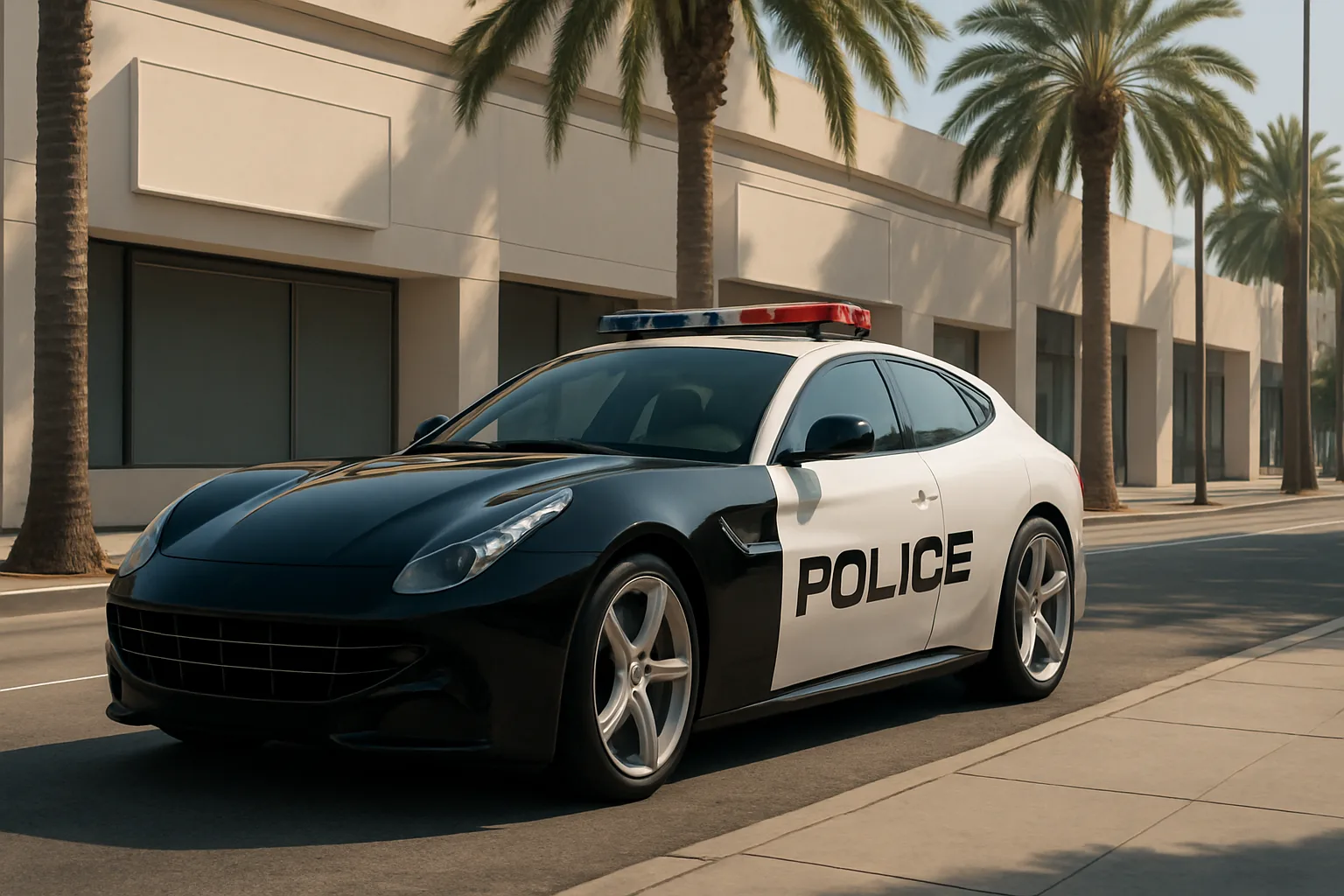 Black and white police car with a red and blue light bar parked on a sunny palm-lined street beside modern buildings