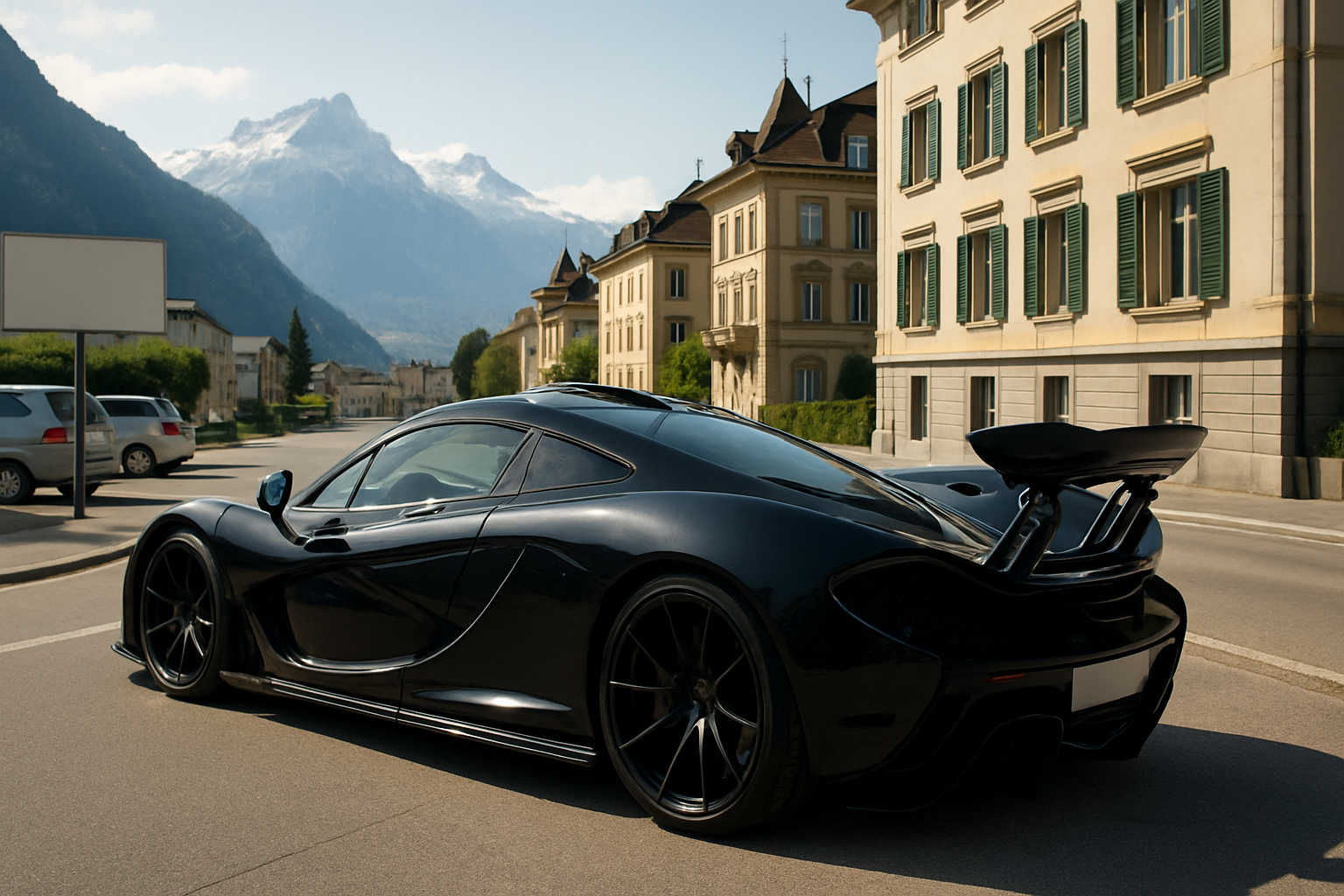 Glossy black sports car with curved lines parked on a sunny street, alpine mountains and classic buildings in the background