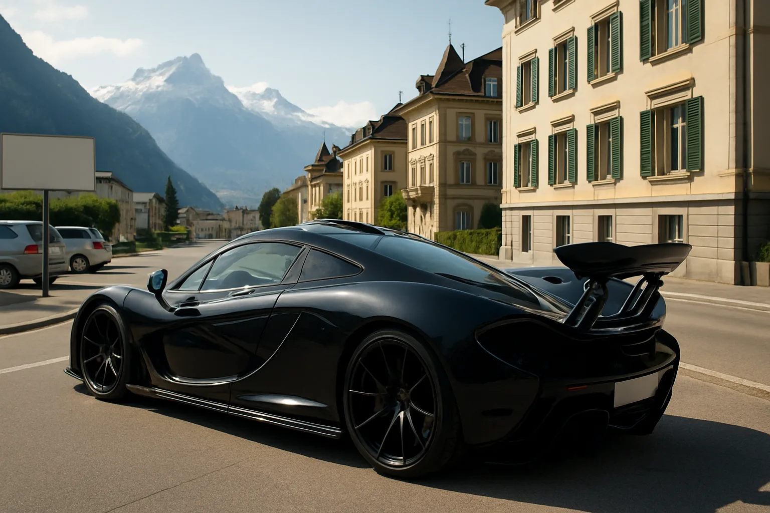 Glossy black sports car with curved lines parked on a sunny street, alpine mountains and classic buildings in the background