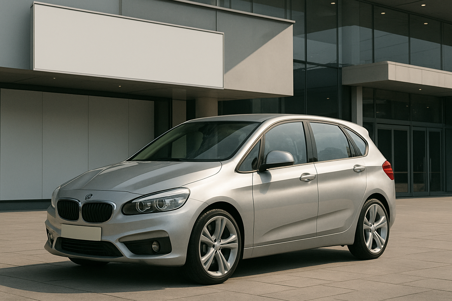 A silver five-door hatchback parked on light stone paving in front of a modern glass and concrete building