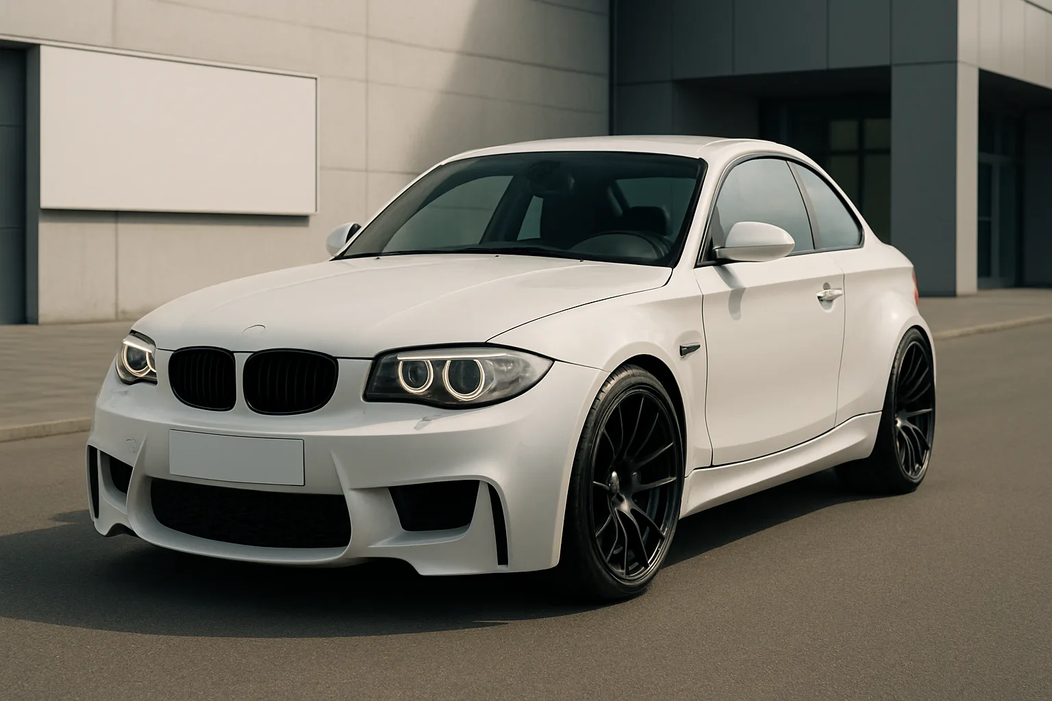 A white coupe with flared wheel arches and black alloy wheels parked on a clean, deserted street beside a modern building