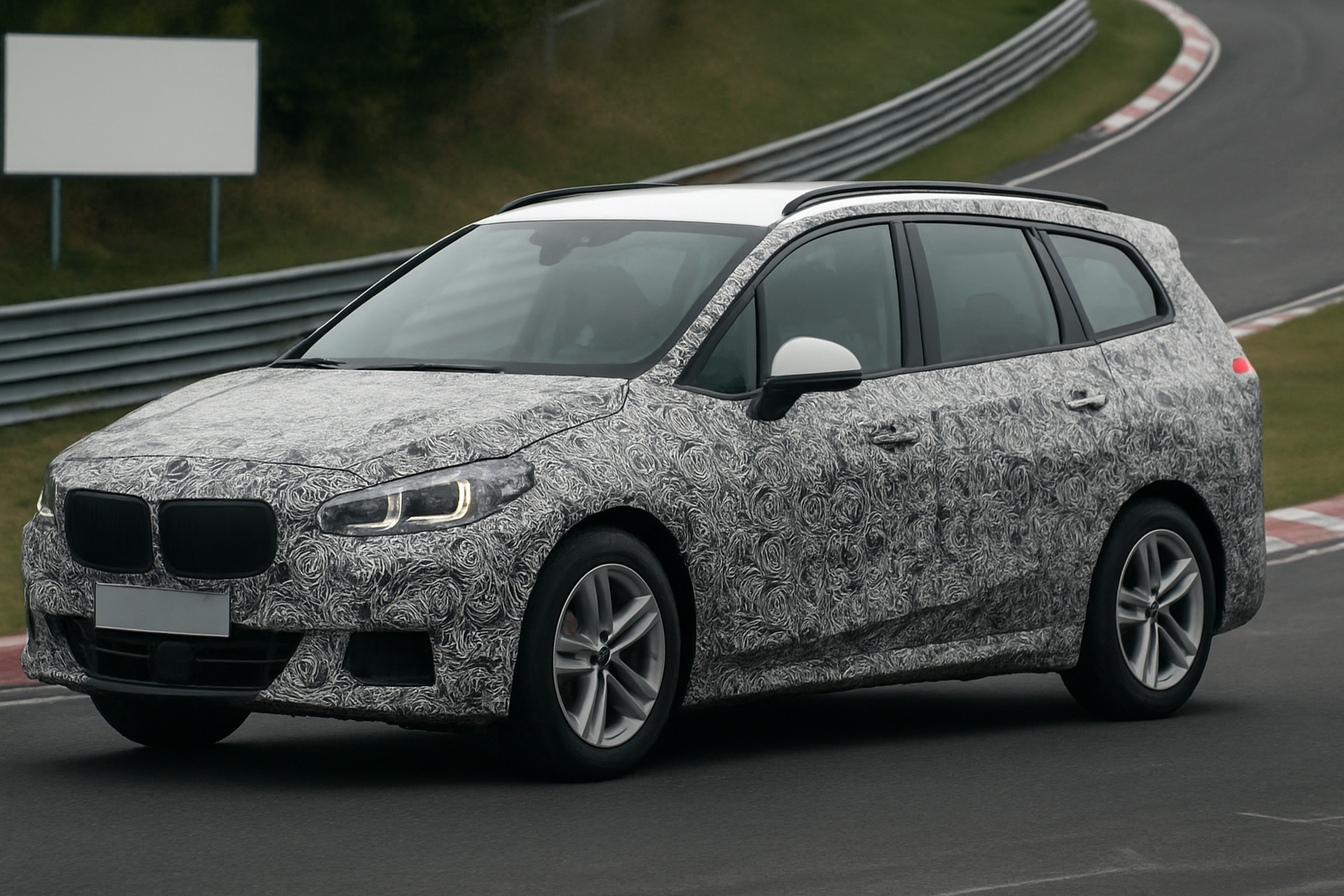 A camouflaged, prototype estate car with swirling black and white patterns driving on a racetrack with greenery in the background