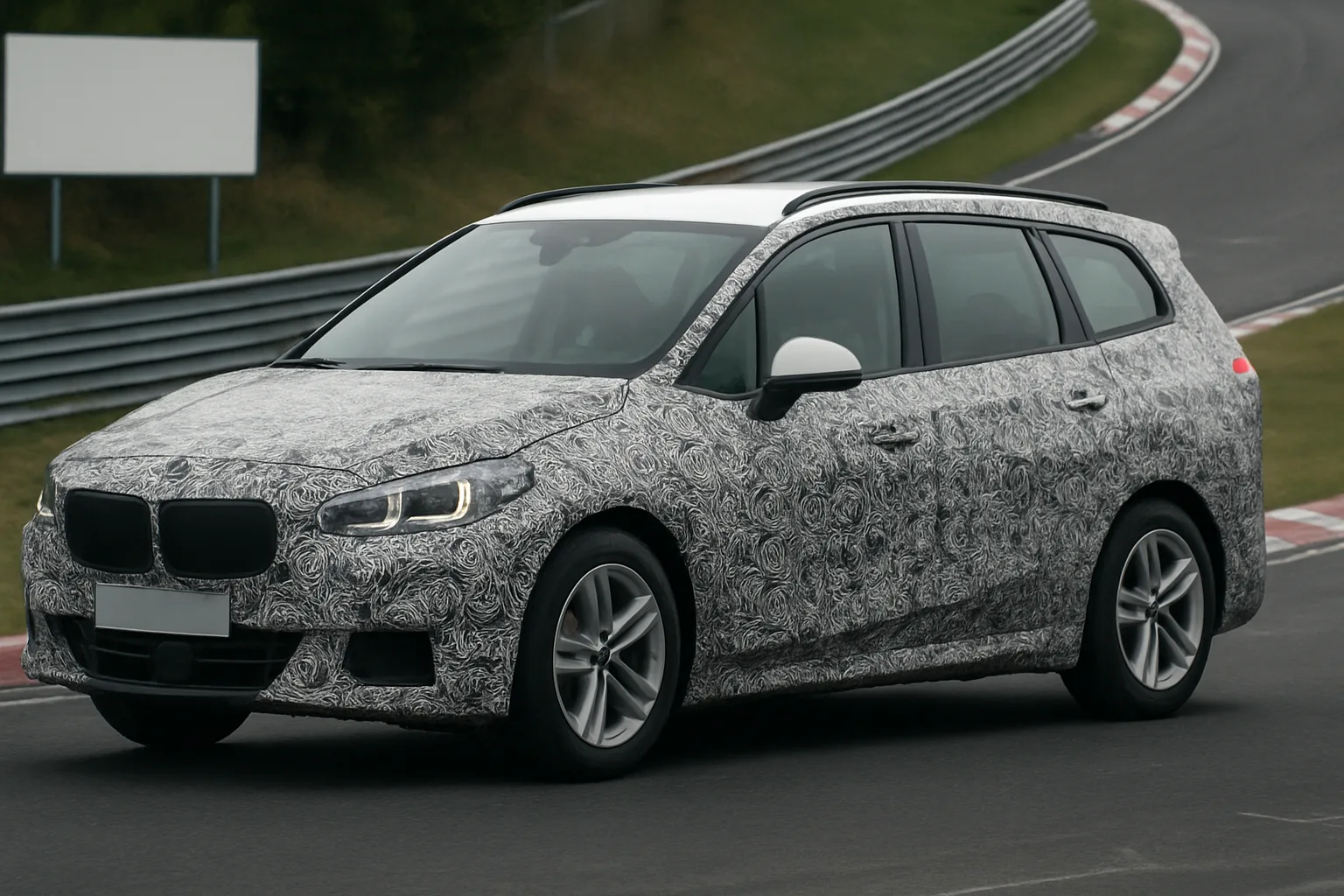 A camouflaged, prototype estate car with swirling black and white patterns driving on a racetrack with greenery in the background