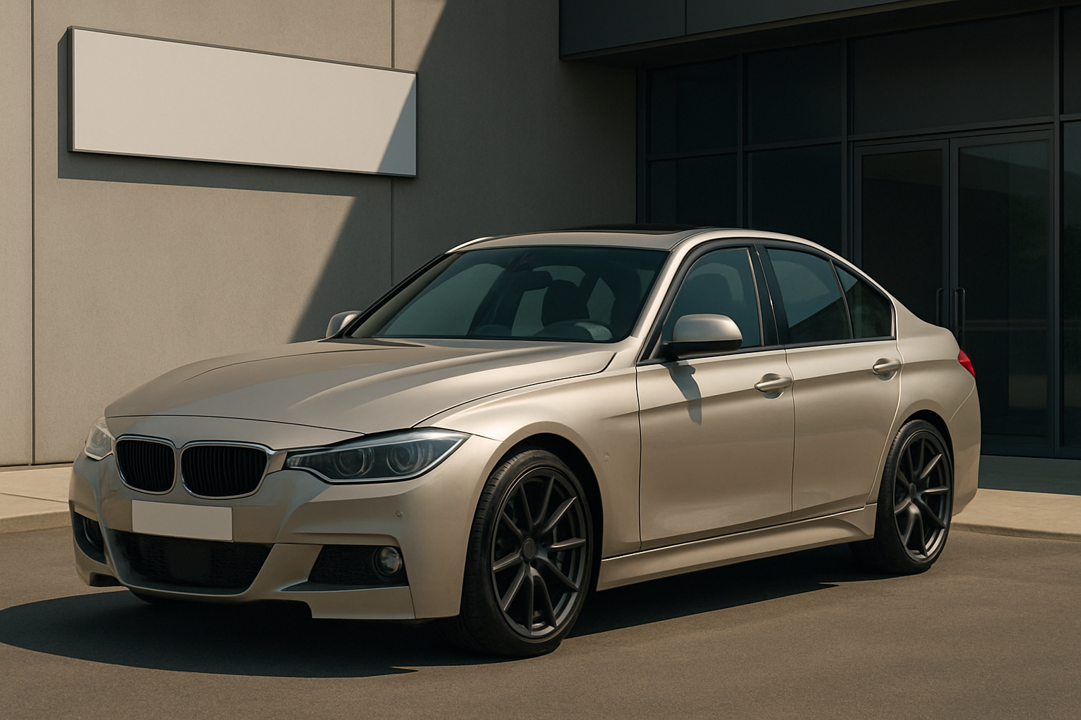 A sleek silver sedan with dark alloy wheels parked on a sunlit concrete surface beside a modern building