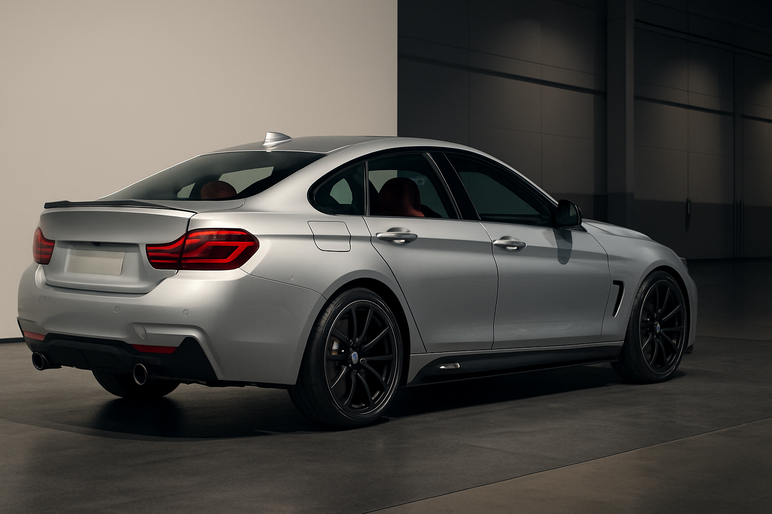 A sleek silver four-door coupe with black wheels and subtle shadowing, parked in a softly lit modern garage
