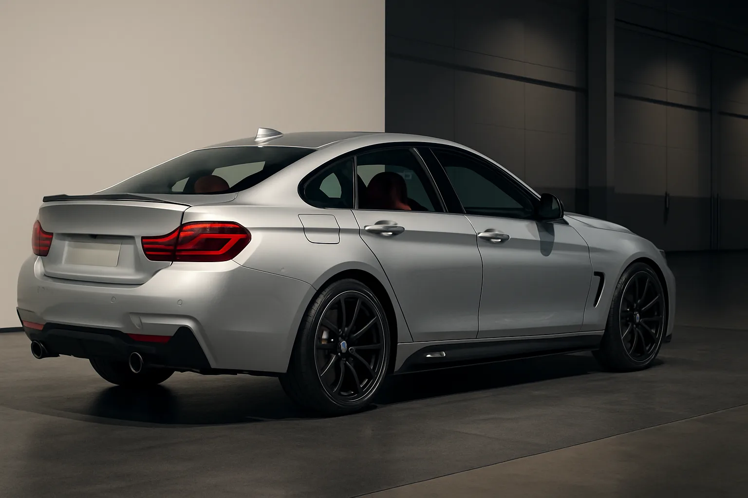 A sleek silver four-door coupe with black wheels and subtle shadowing, parked in a softly lit modern garage