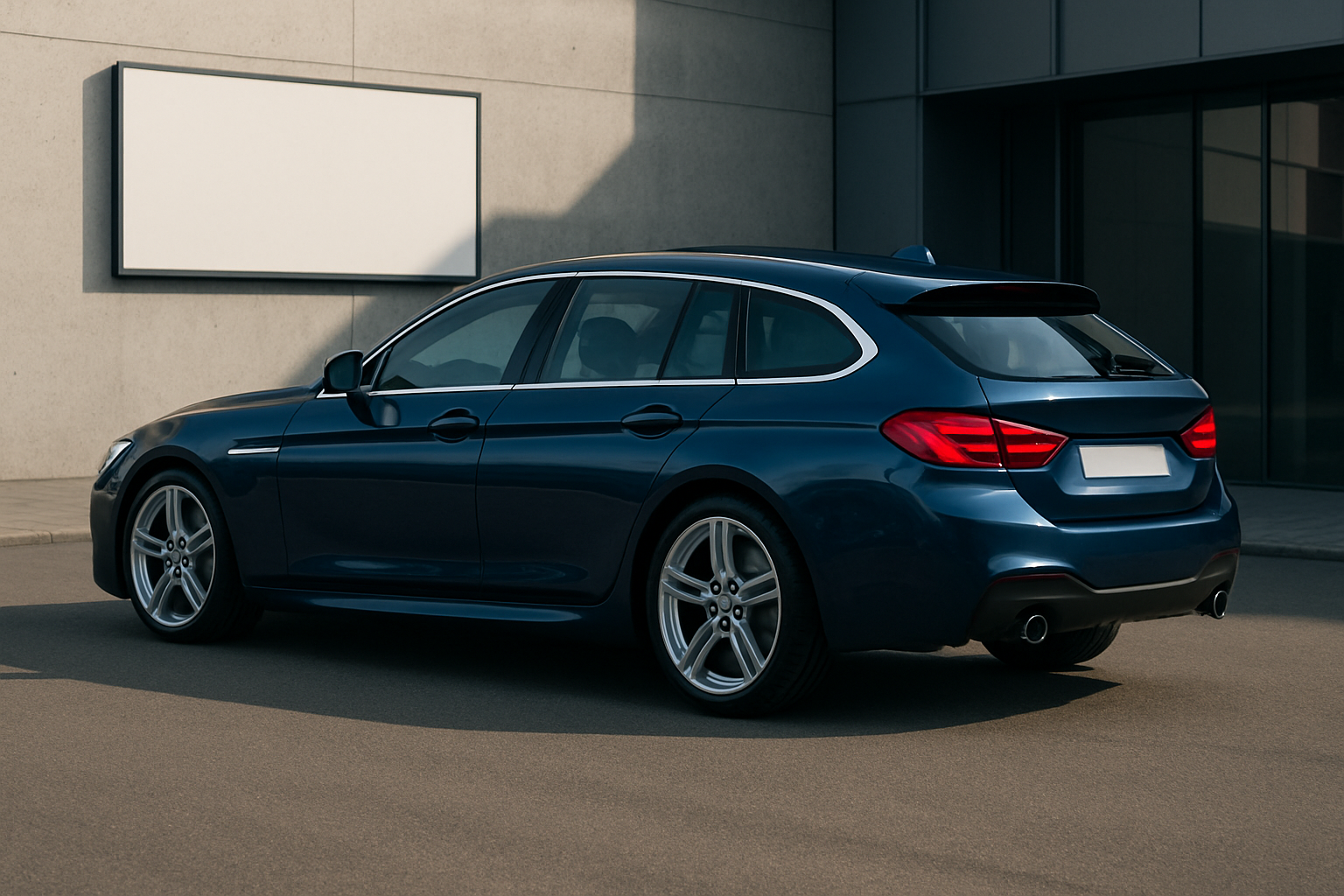 A sleek blue shooting brake car with tinted windows and silver wheels parked by a modern building in soft sunlight