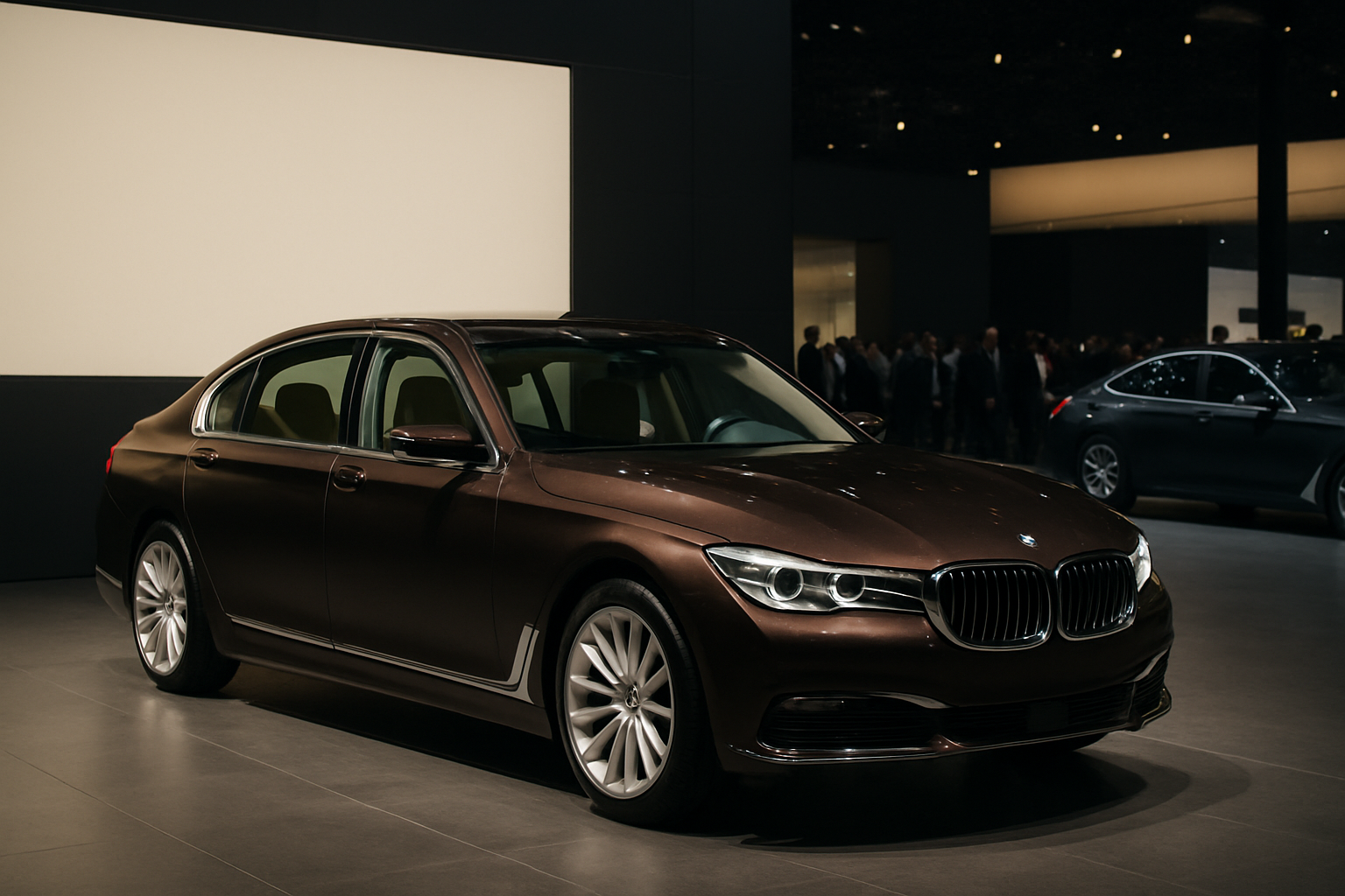 A dark brown luxury sedan with chrome accents displayed under soft showroom lighting on a grey exhibition floor