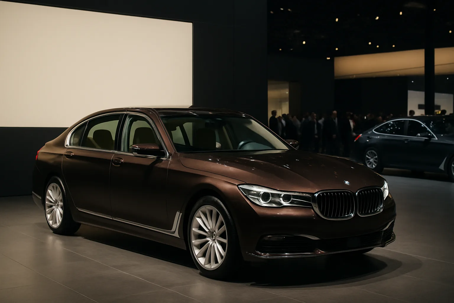 A dark brown luxury sedan with chrome accents displayed under soft showroom lighting on a grey exhibition floor