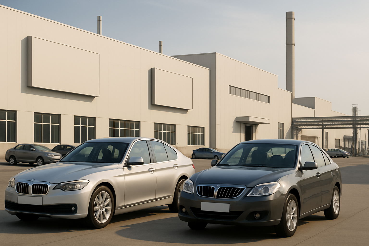 Two silver and dark grey sedans parked on a wide concrete lot in front of a modern factory building with smokestacks