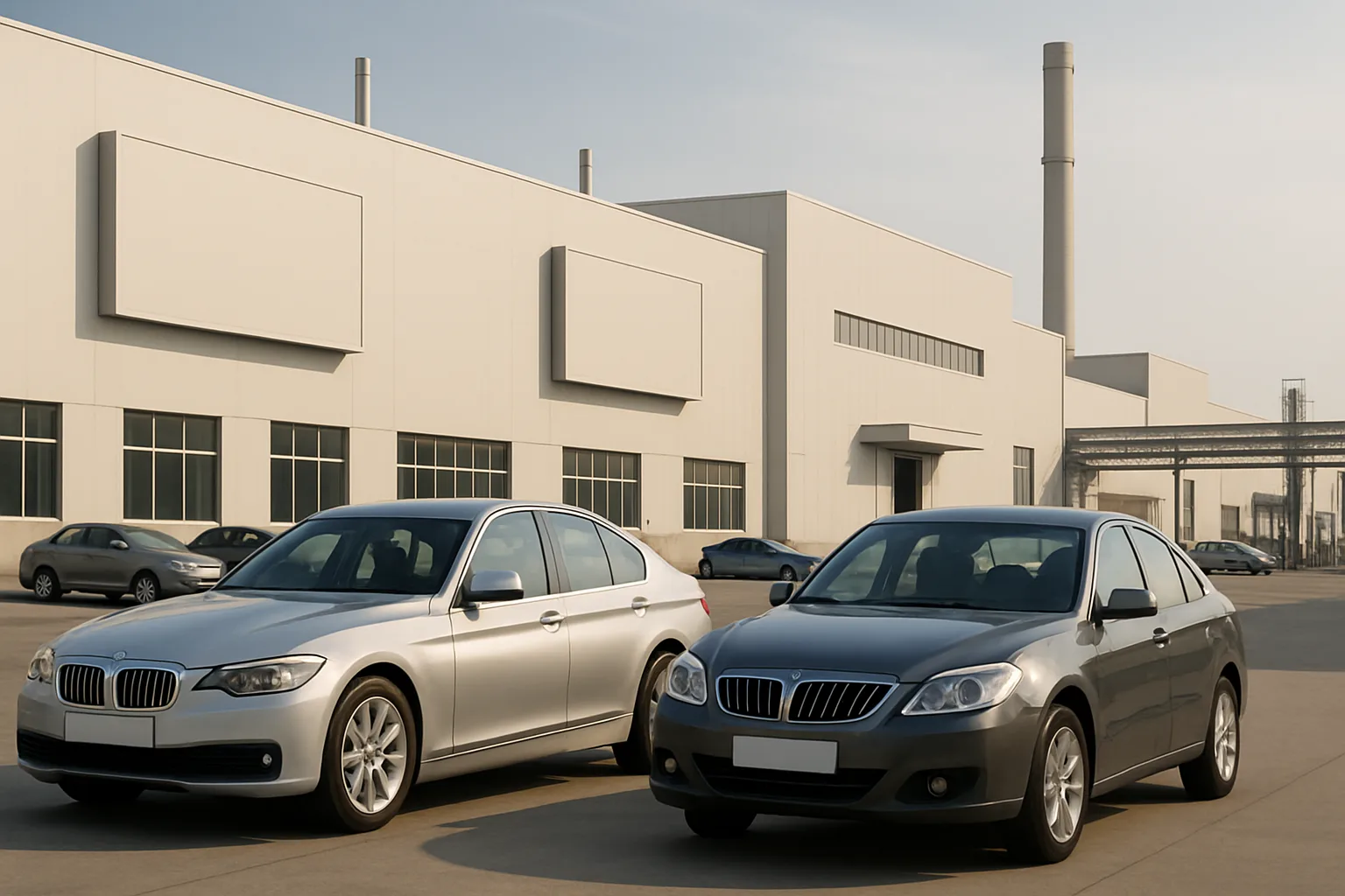 Two silver and dark grey sedans parked on a wide concrete lot in front of a modern factory building with smokestacks