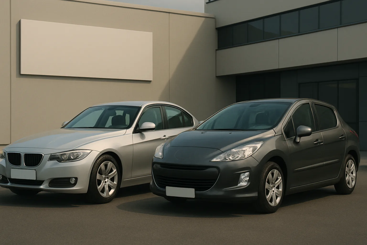 Two silver and grey modern hatchbacks parked side by side on tarmac in front of a glass and concrete building