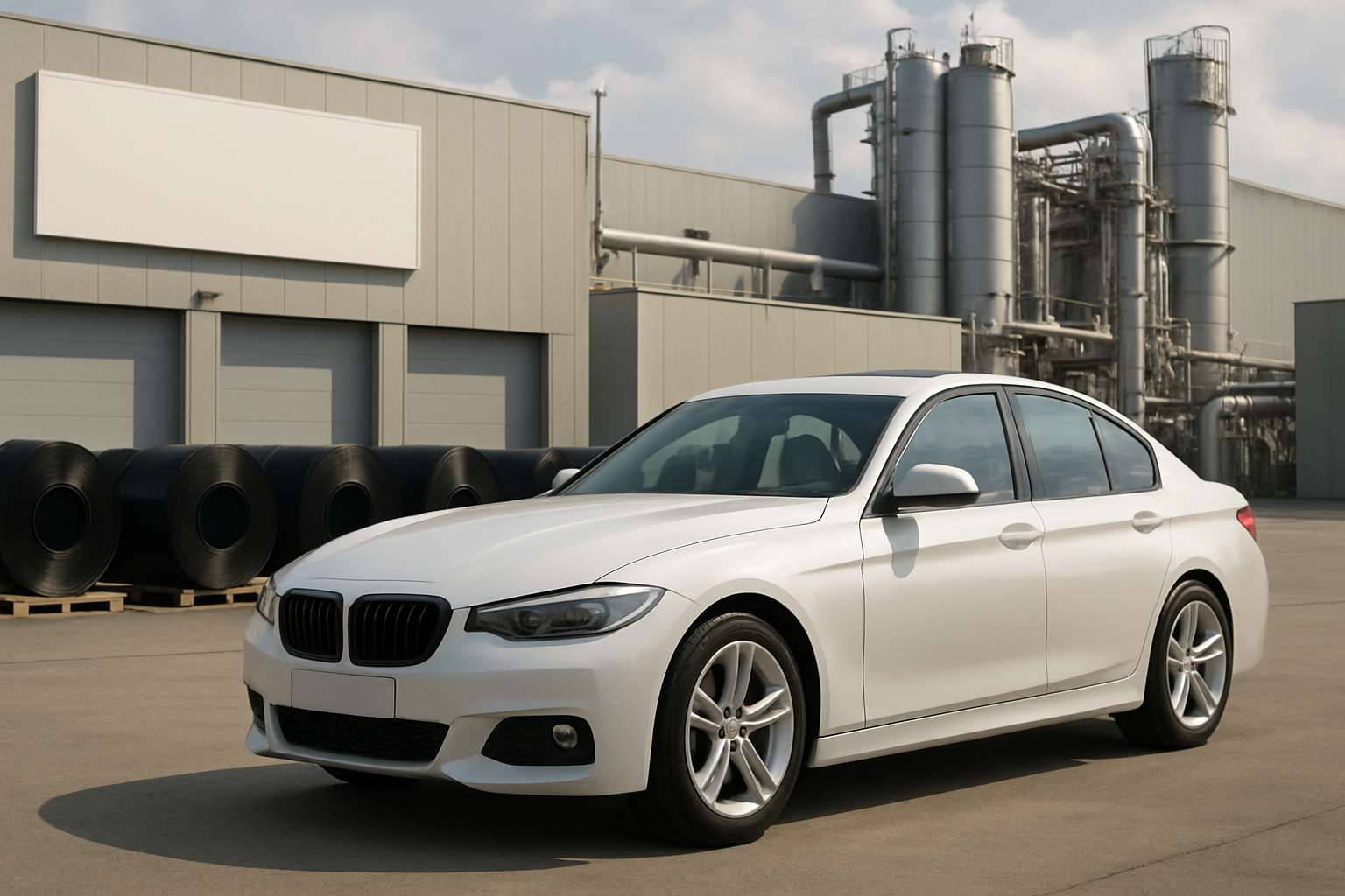 White sedan parked on concrete outside an industrial building, with black rolls and metal chimneys in the background