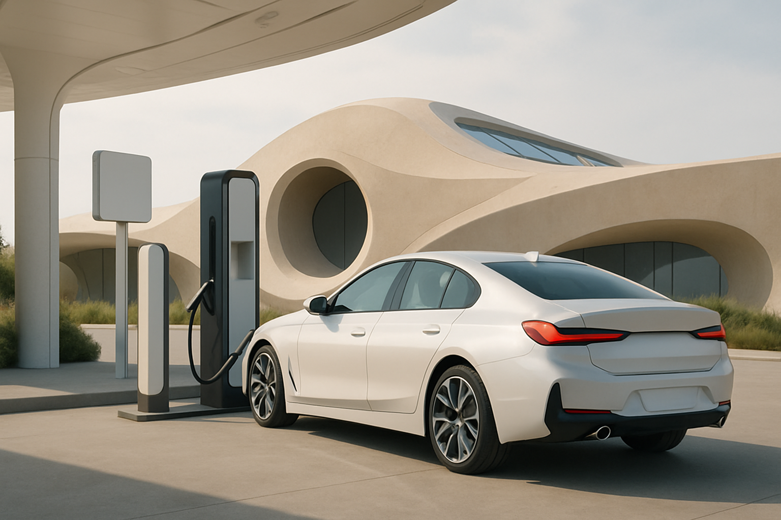 Sleek white car parked beside a minimalist charging station, with organic beige architecture and soft daylight in the background