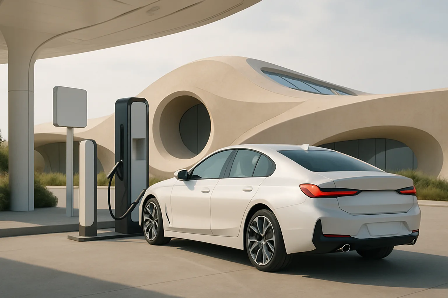 Sleek white car parked beside a minimalist charging station, with organic beige architecture and soft daylight in the background