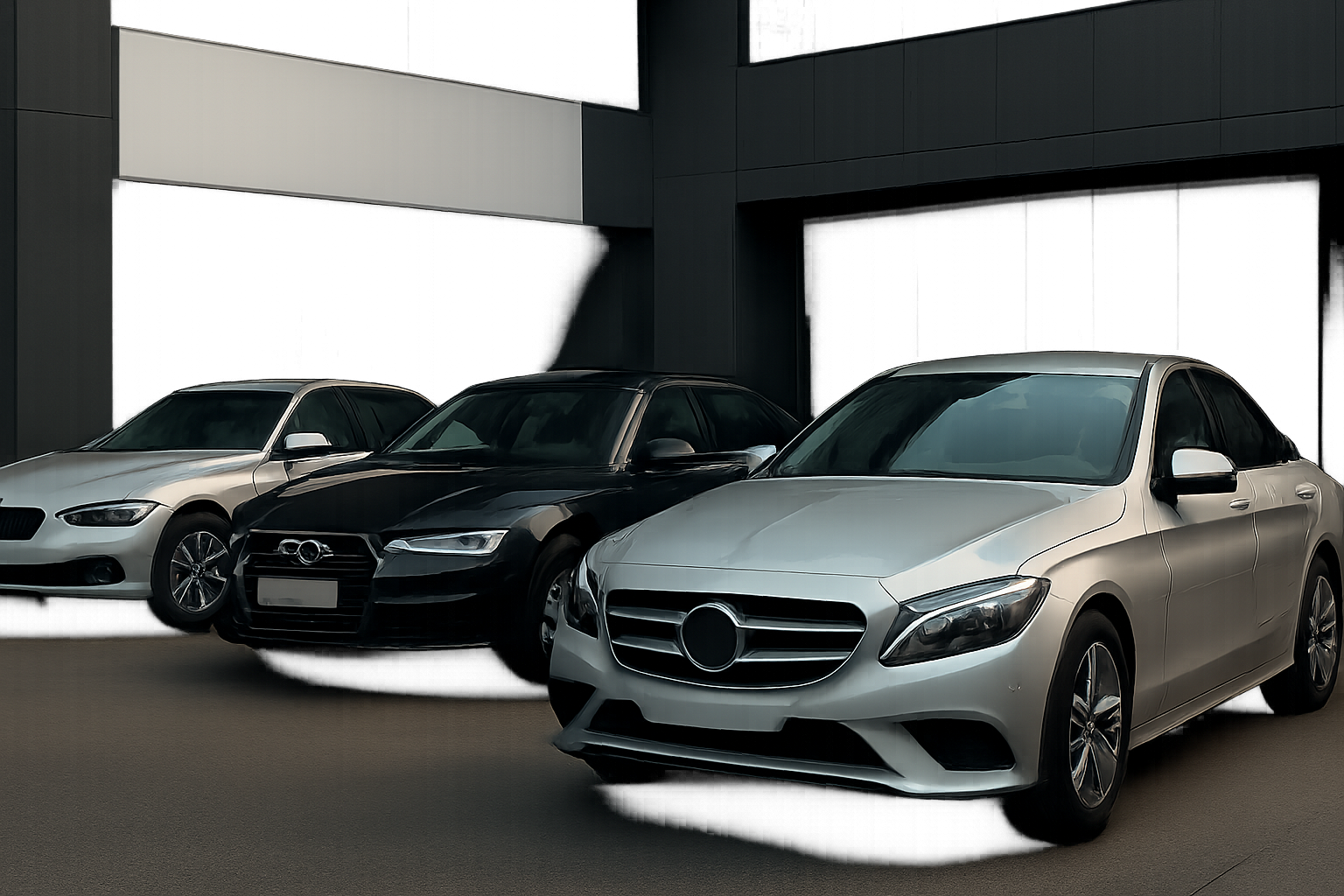 Three glossy, modern sedans in silver, black and white are parked in a dimly lit, minimalistic urban setting