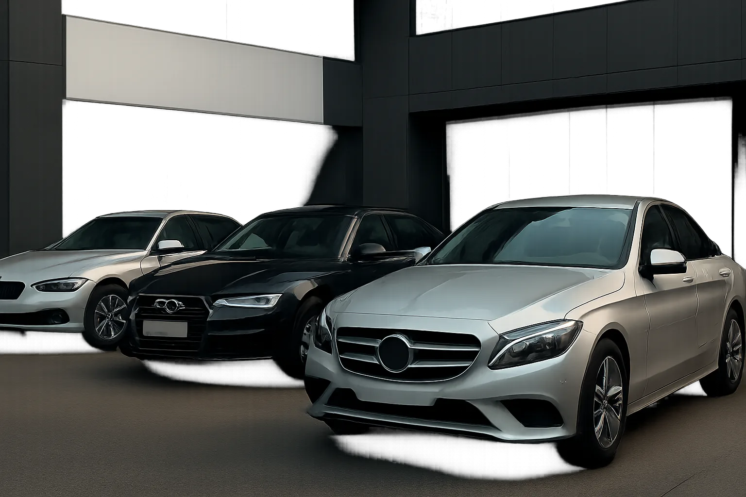 Three glossy, modern sedans in silver, black and white are parked in a dimly lit, minimalistic urban setting