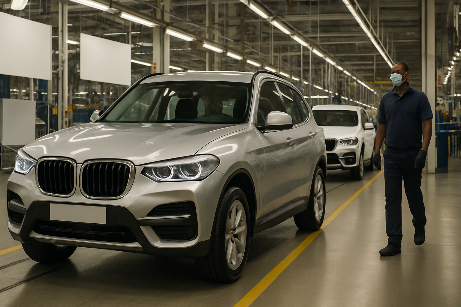A silver SUV with LED headlights stands on a factory floor under bright ceiling lights as a worker wearing a mask walks past