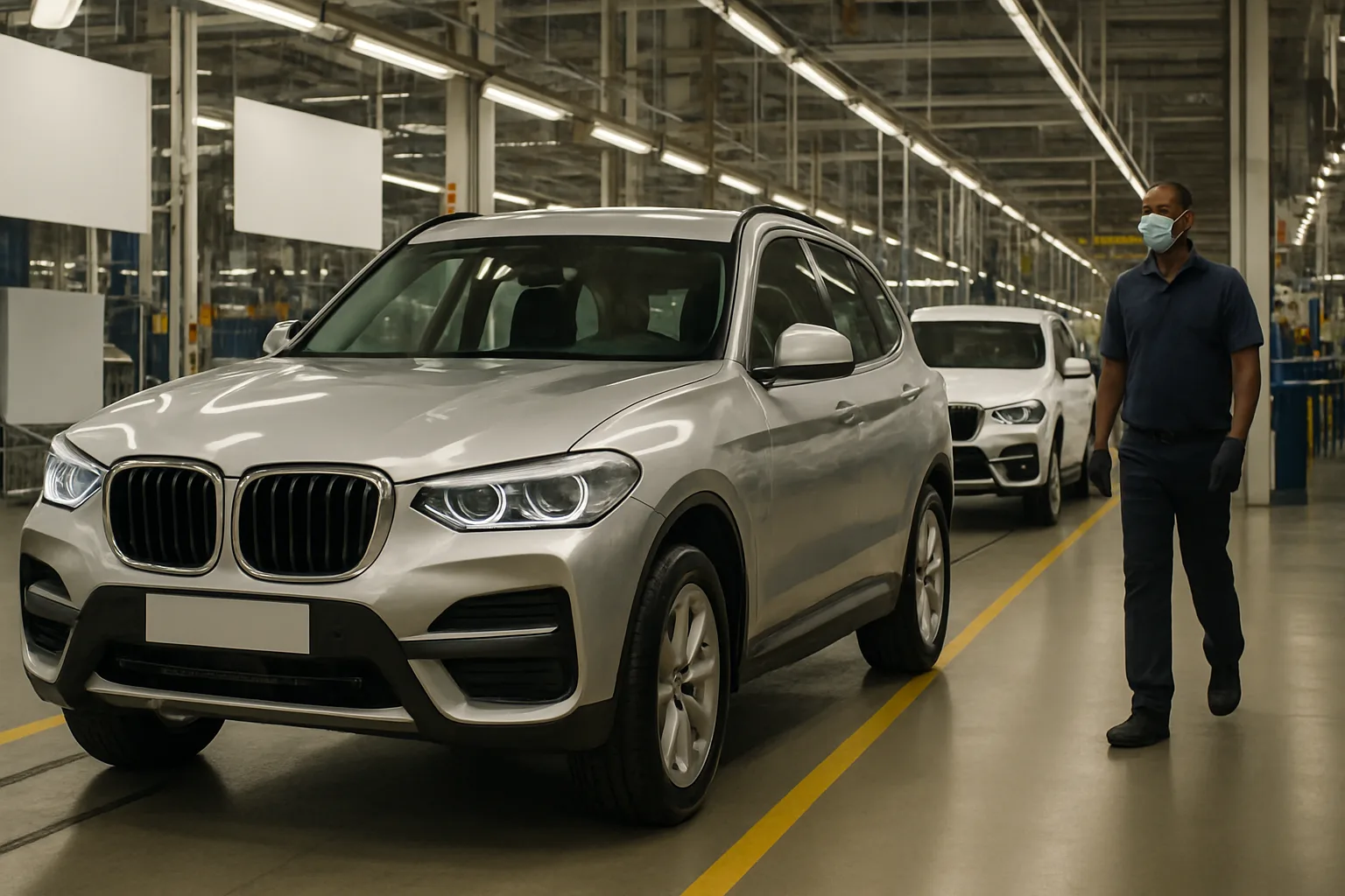A silver SUV with LED headlights stands on a factory floor under bright ceiling lights as a worker wearing a mask walks past