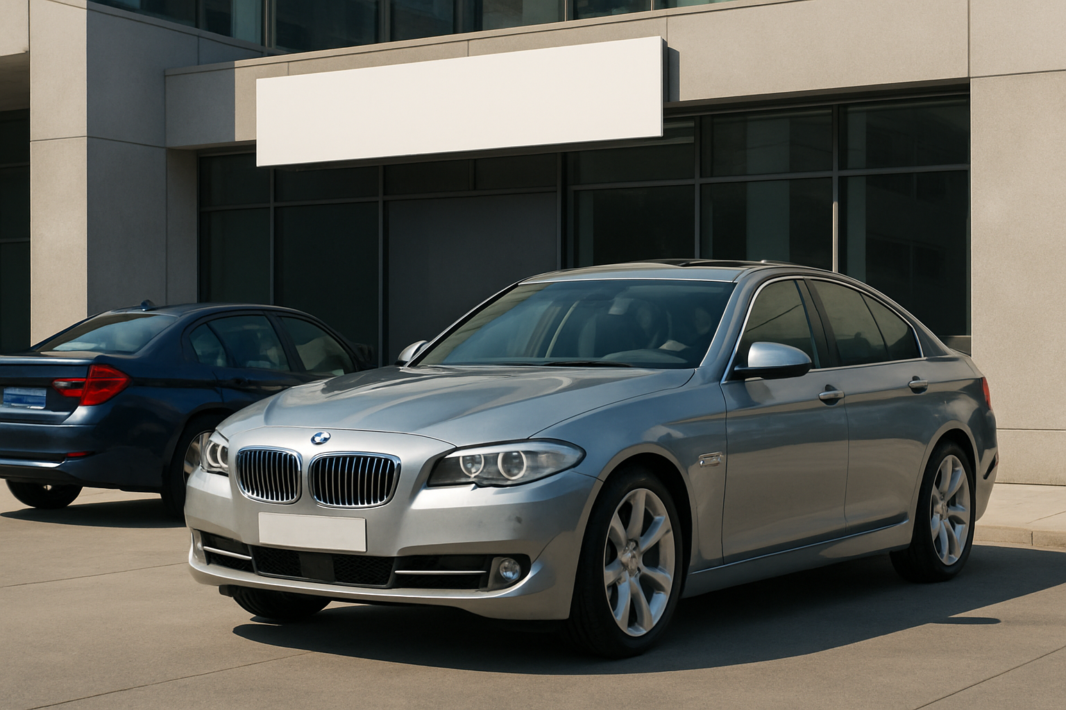 A sleek silver sedan parked on light pavement beside a blue car, with modern glass-fronted buildings in the background