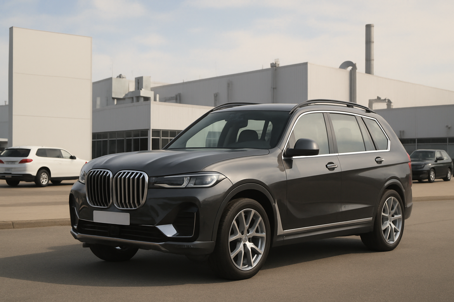 Large dark grey SUV with chrome accents parked on smooth tarmac in front of a white industrial building under a pale sky