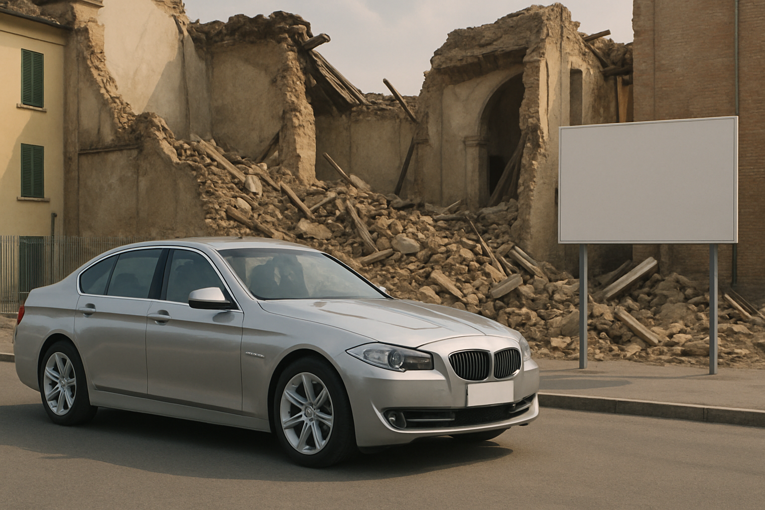 Silver sedan parked on a sunlit street in front of a large, crumbling stone building with rubble and a blank roadside sign