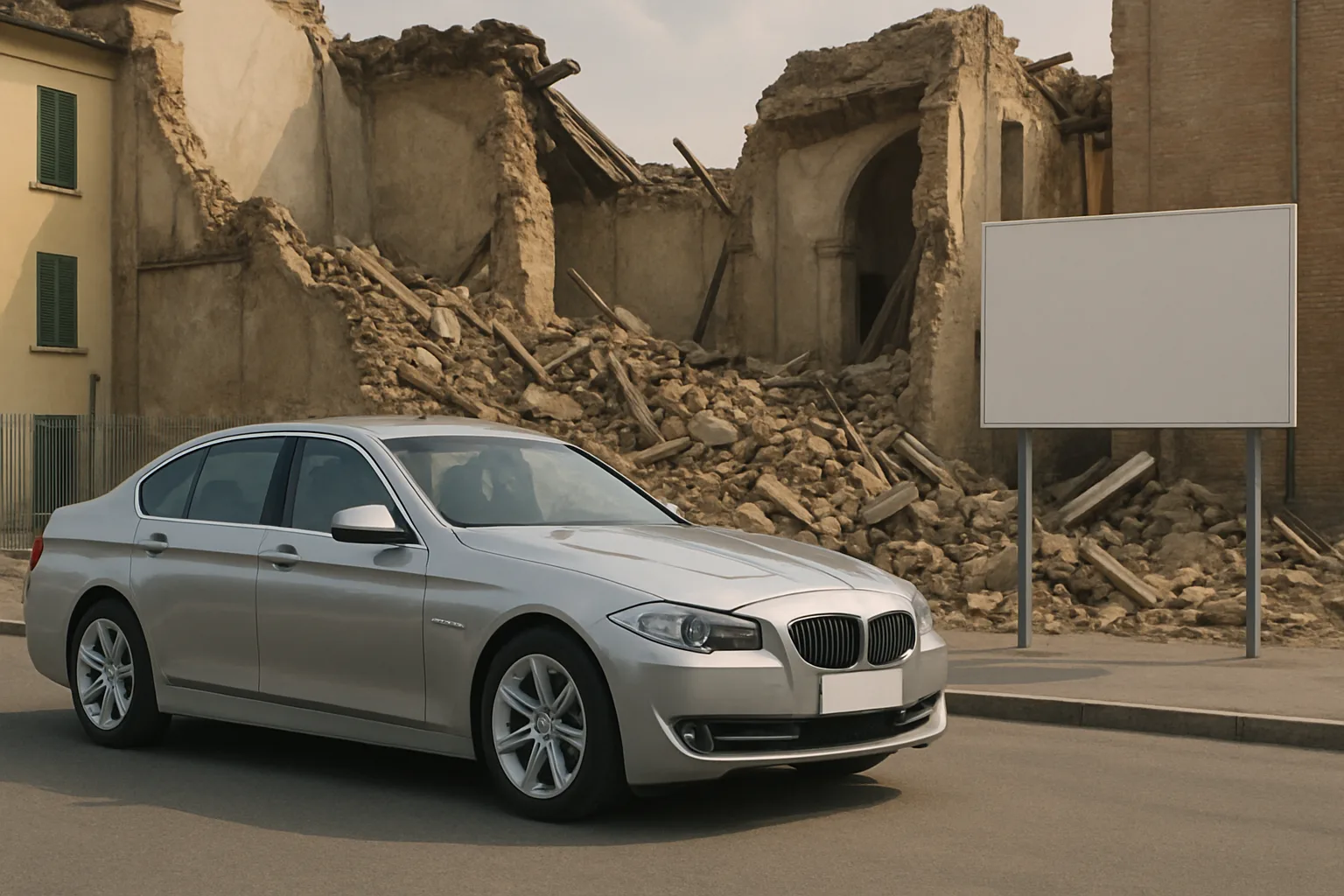 Silver sedan parked on a sunlit street in front of a large, crumbling stone building with rubble and a blank roadside sign