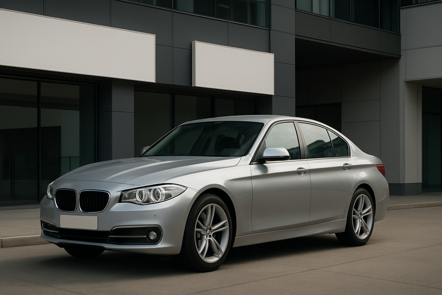 A silver sedan parked in front of a modern building with geometric glass and concrete facades in soft daylight