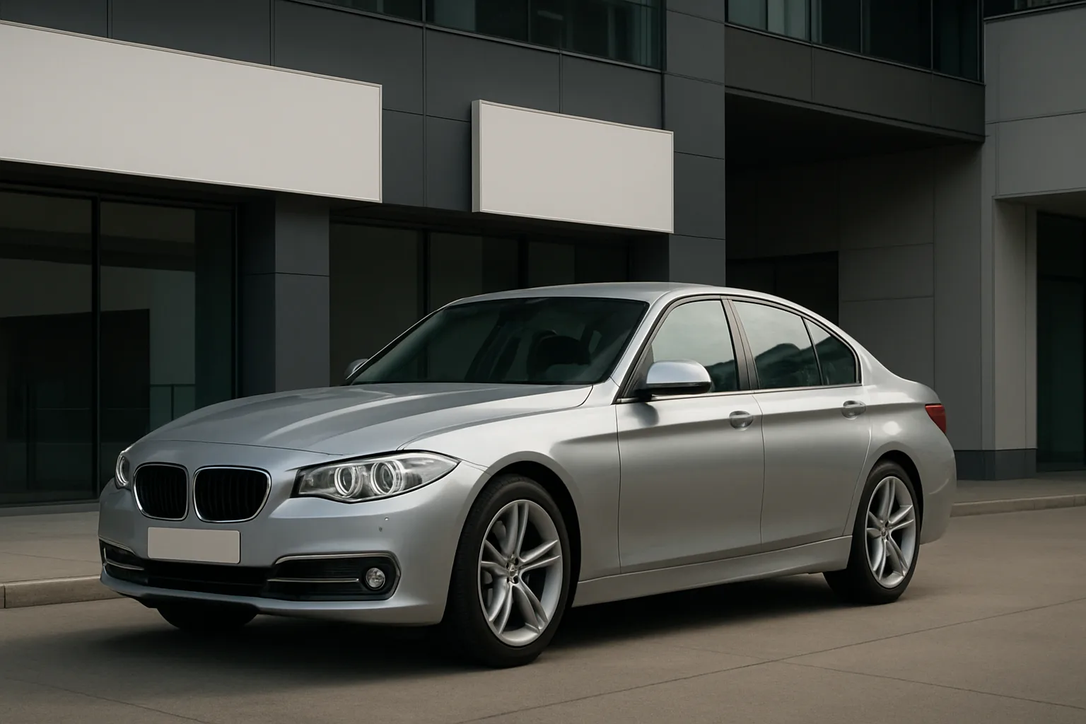 A silver sedan parked in front of a modern building with geometric glass and concrete facades in soft daylight