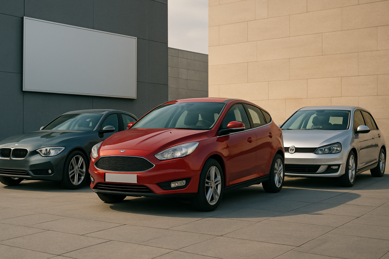 Three compact hatchbacks in grey, red and silver parked on sunlit pale stone tiles beside minimalist buildings