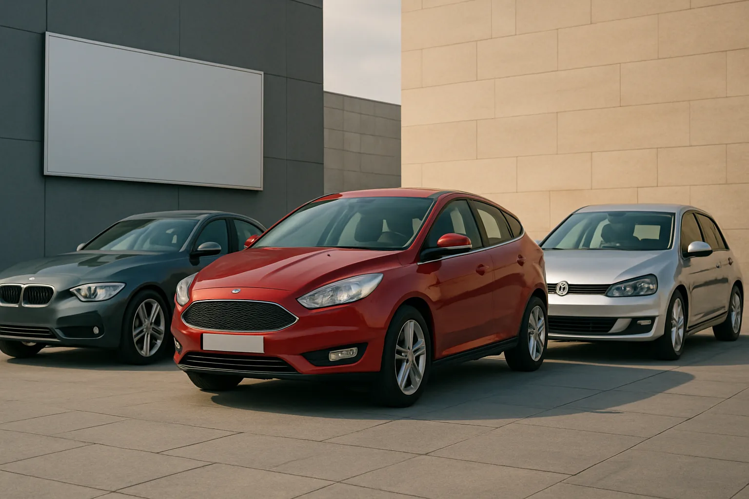 Three compact hatchbacks in grey, red and silver parked on sunlit pale stone tiles beside minimalist buildings