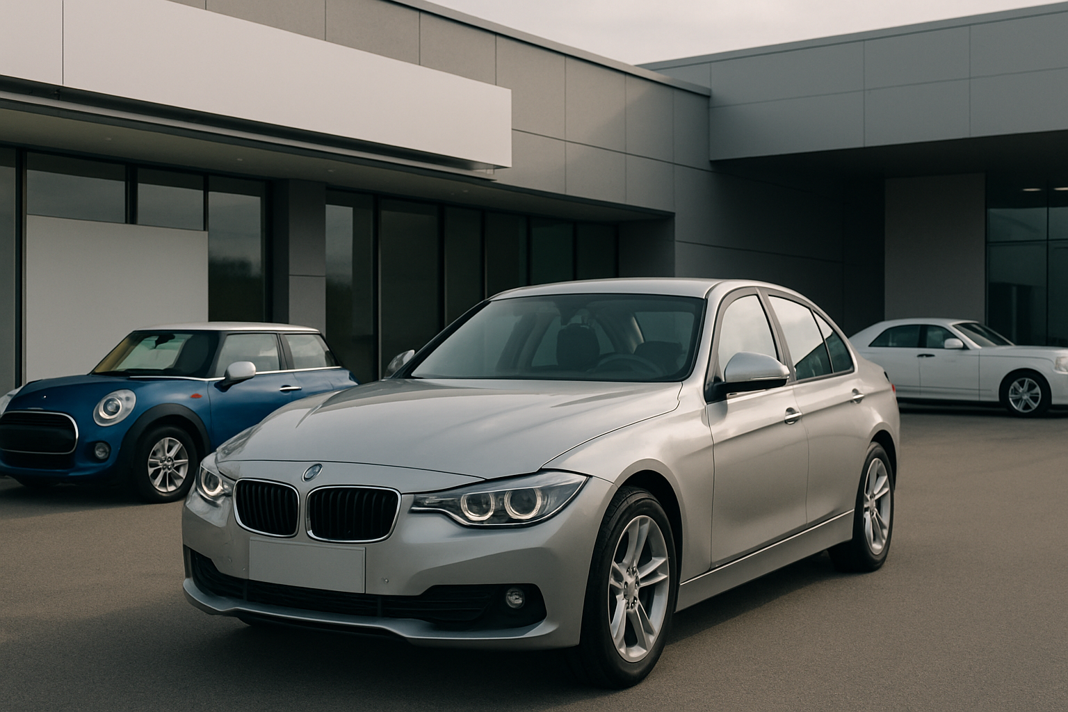 A silver sedan parked on a smooth grey surface outside a modern, minimalist building, with two other cars in the background