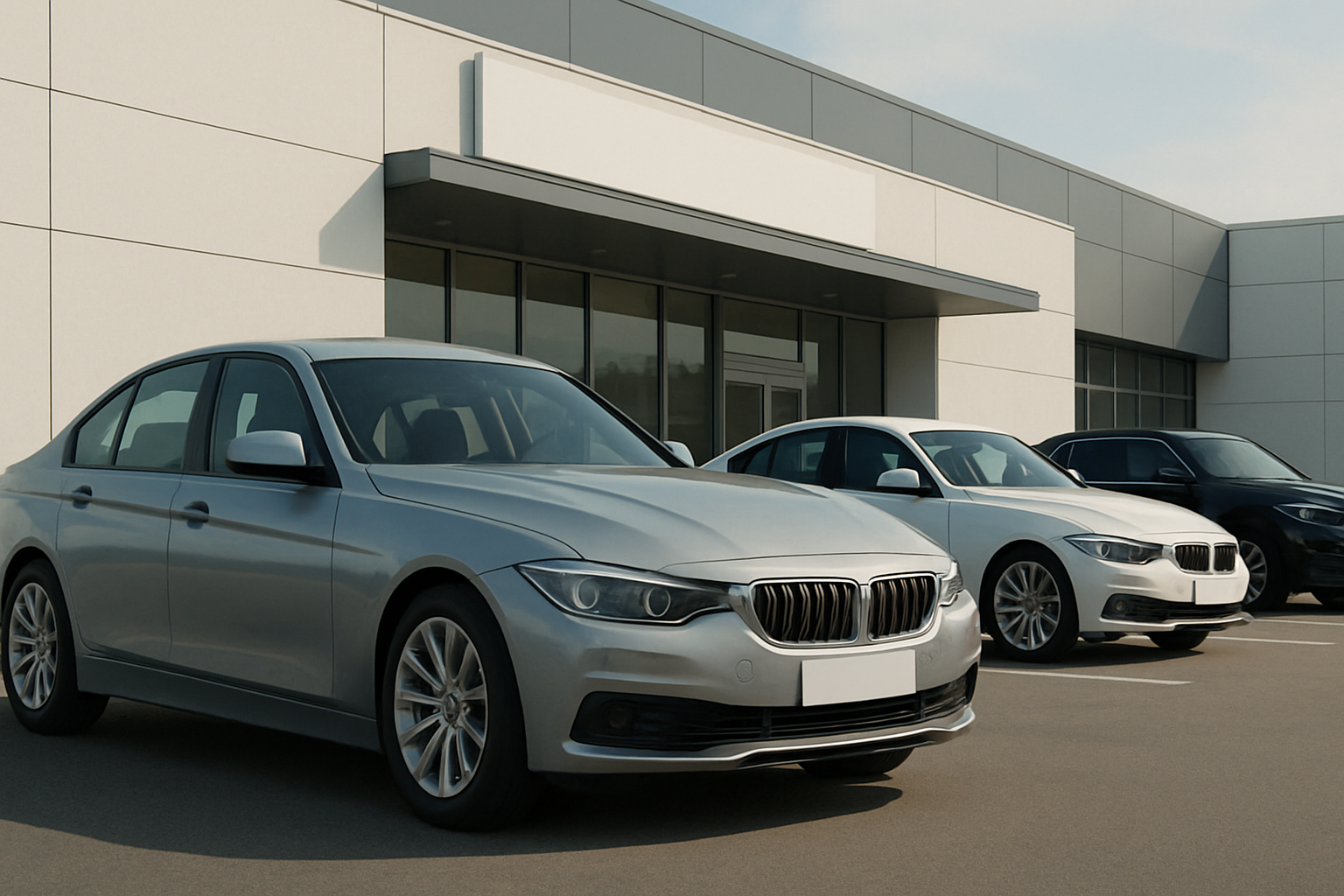 Three sleek, mid-sized sedans in silver, white, and black are parked in sunlight outside a modern, light grey building