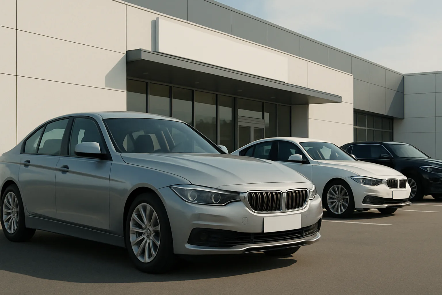 Three sleek, mid-sized sedans in silver, white, and black are parked in sunlight outside a modern, light grey building