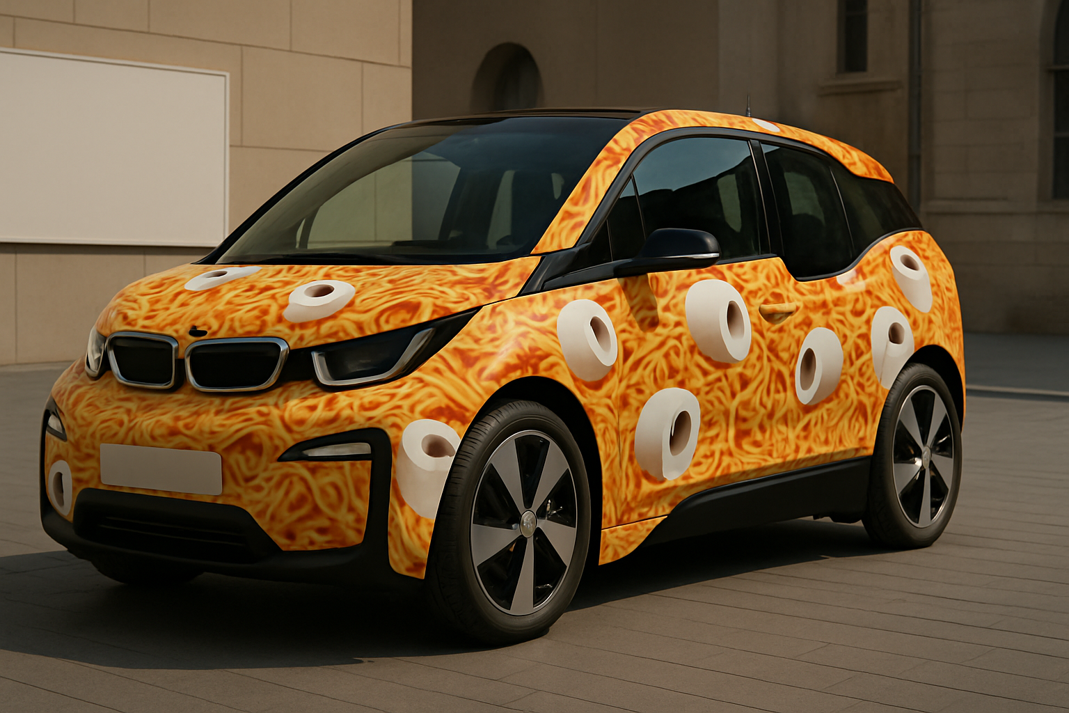 Compact car covered in a vivid orange-yellow noodle pattern with large white rings resembling rolls of toilet paper