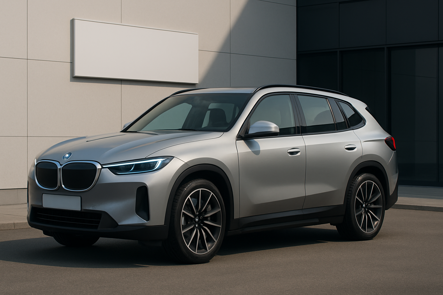 Sleek silver SUV with black accents parked on clean pavement beside a modern light-colored building in soft daylight