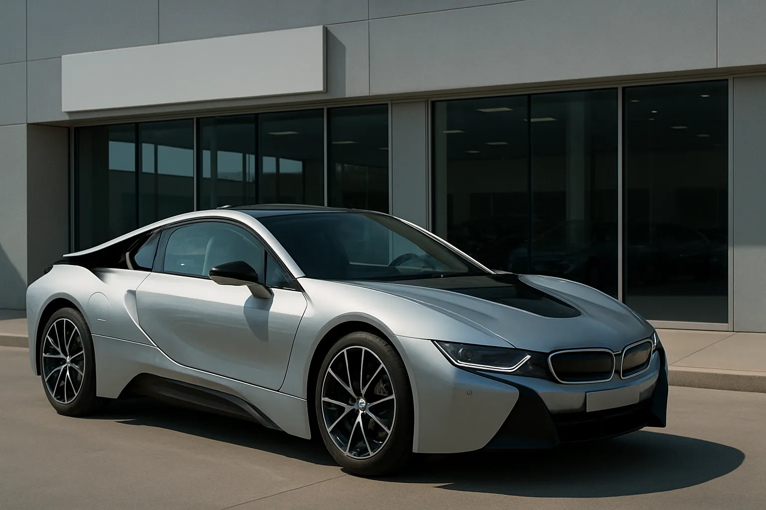 A sleek silver sports car with dark tinted windows and black accents parked on a sunlit concrete surface near a modern building