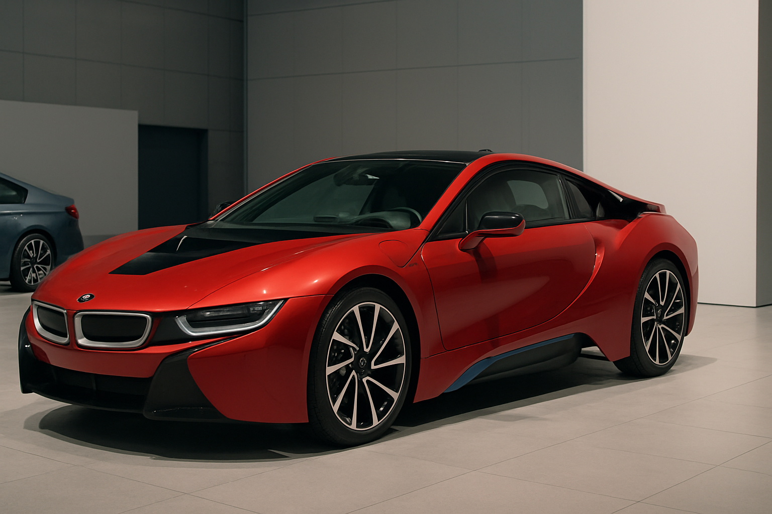 Sleek red sports coupé with black roof and trim, distinctive angular headlights and large alloy wheels in a minimalist showroom