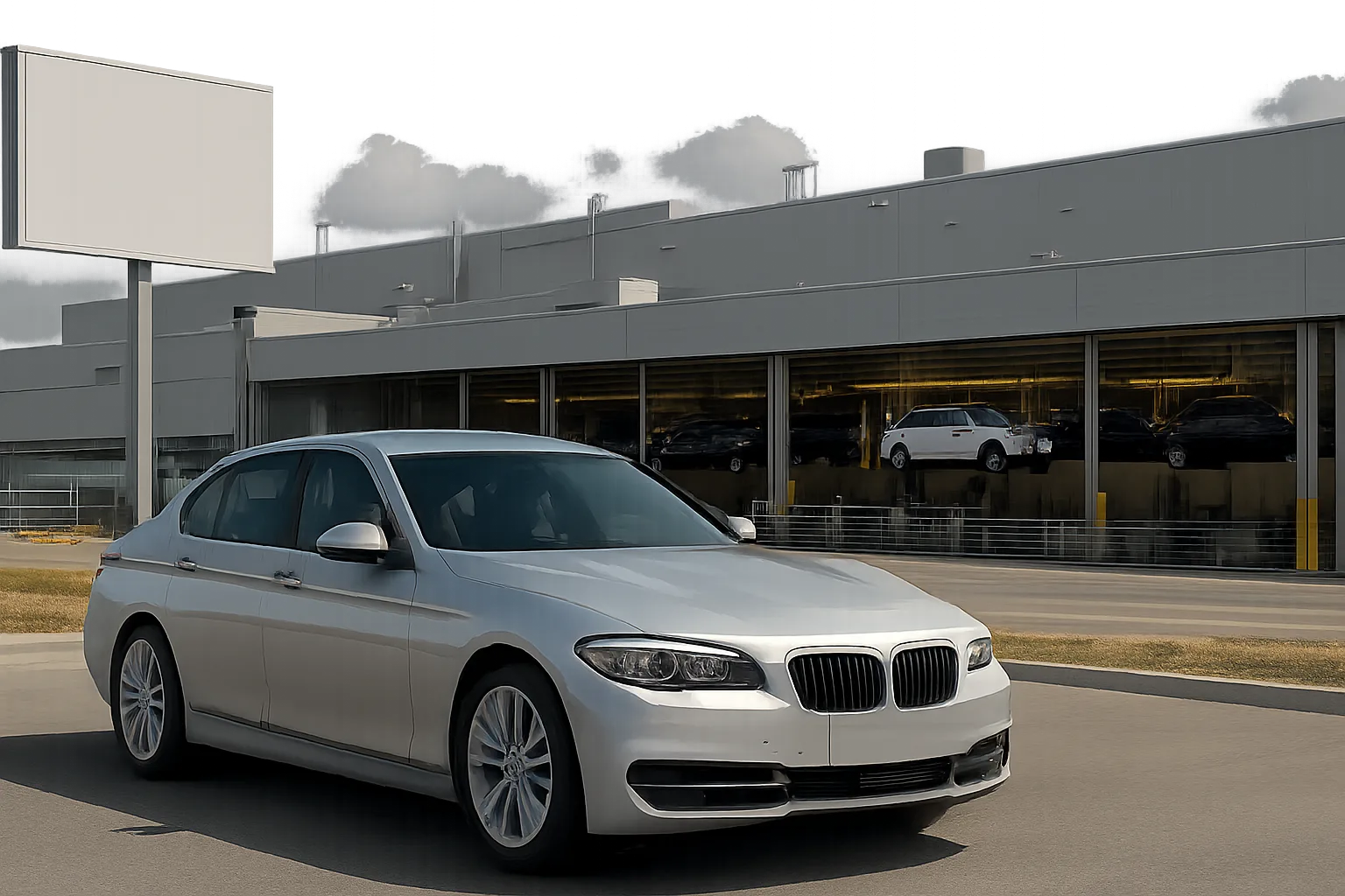 Silver sedan parked in front of a modern industrial building with large glass windows and a cloudy sky overhead