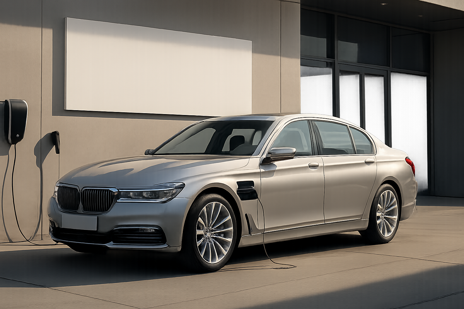 A sleek silver sedan parked beside a modern building, charging via a cable connected to a wall-mounted unit in sunlight
