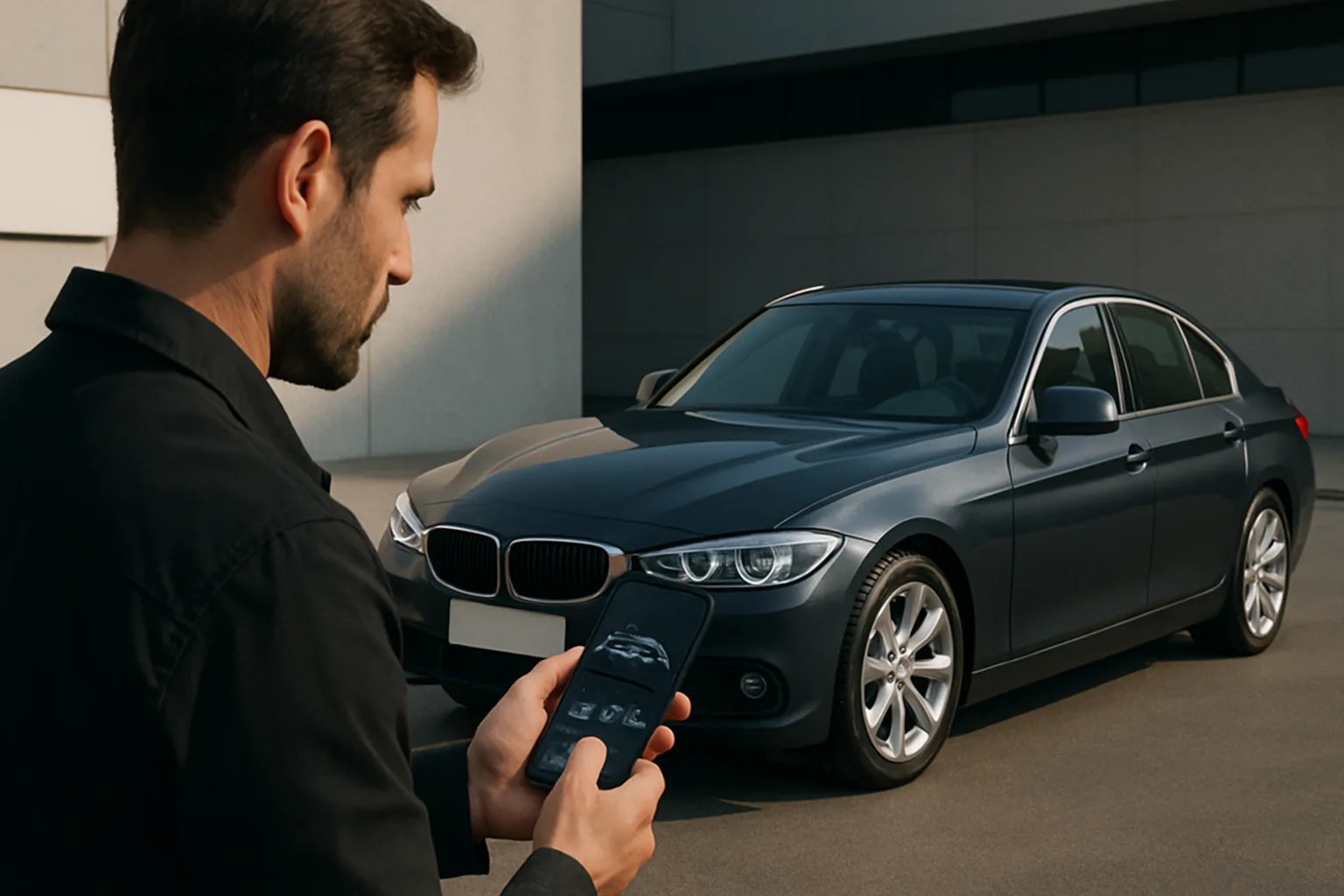 A man in a black shirt stands outdoors holding a smartphone with a car image on screen, facing a dark grey sedan