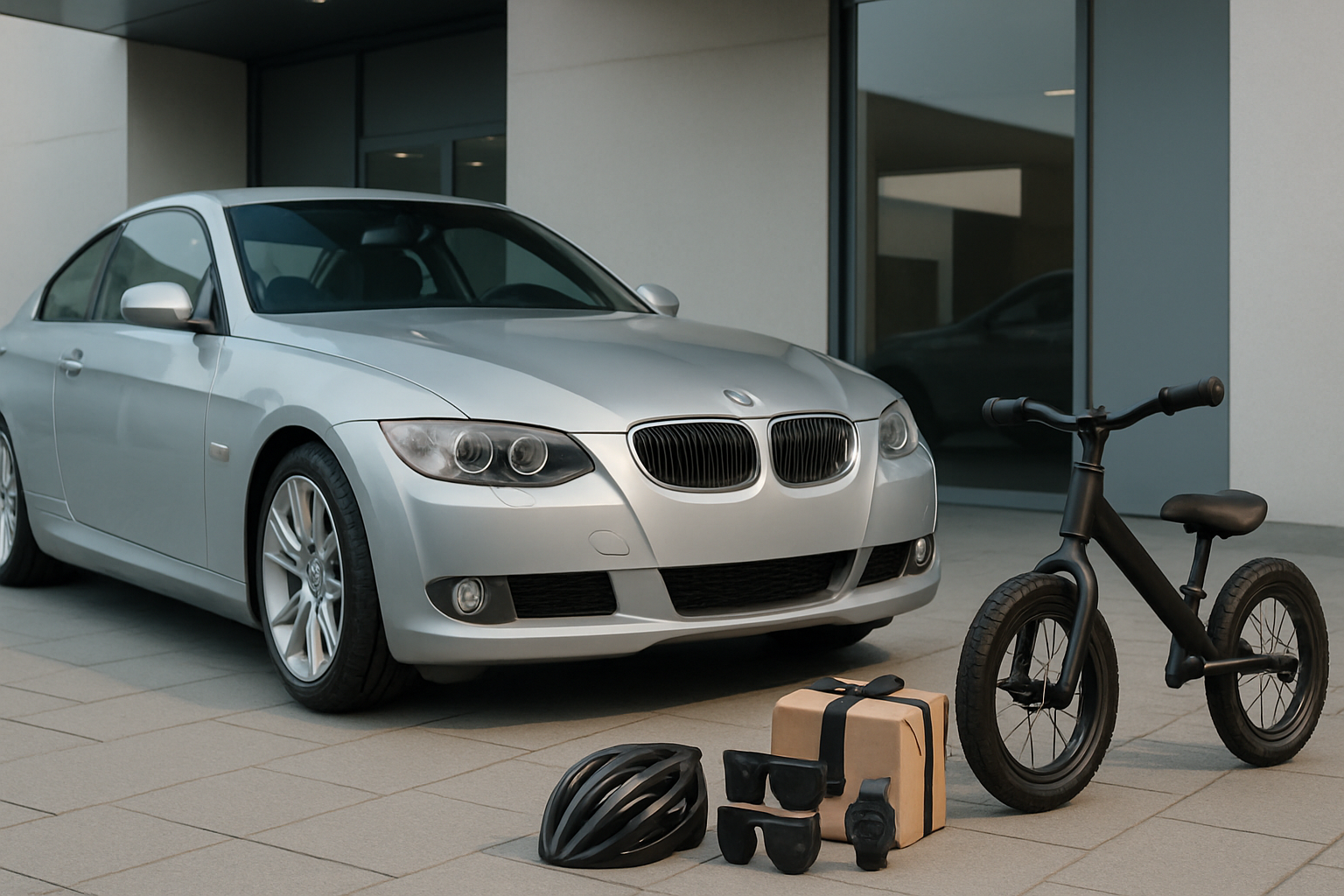 A silver coupe parked on pale tiles beside a black balance bike, helmet, gift box, sunglasses and a smartwatch
