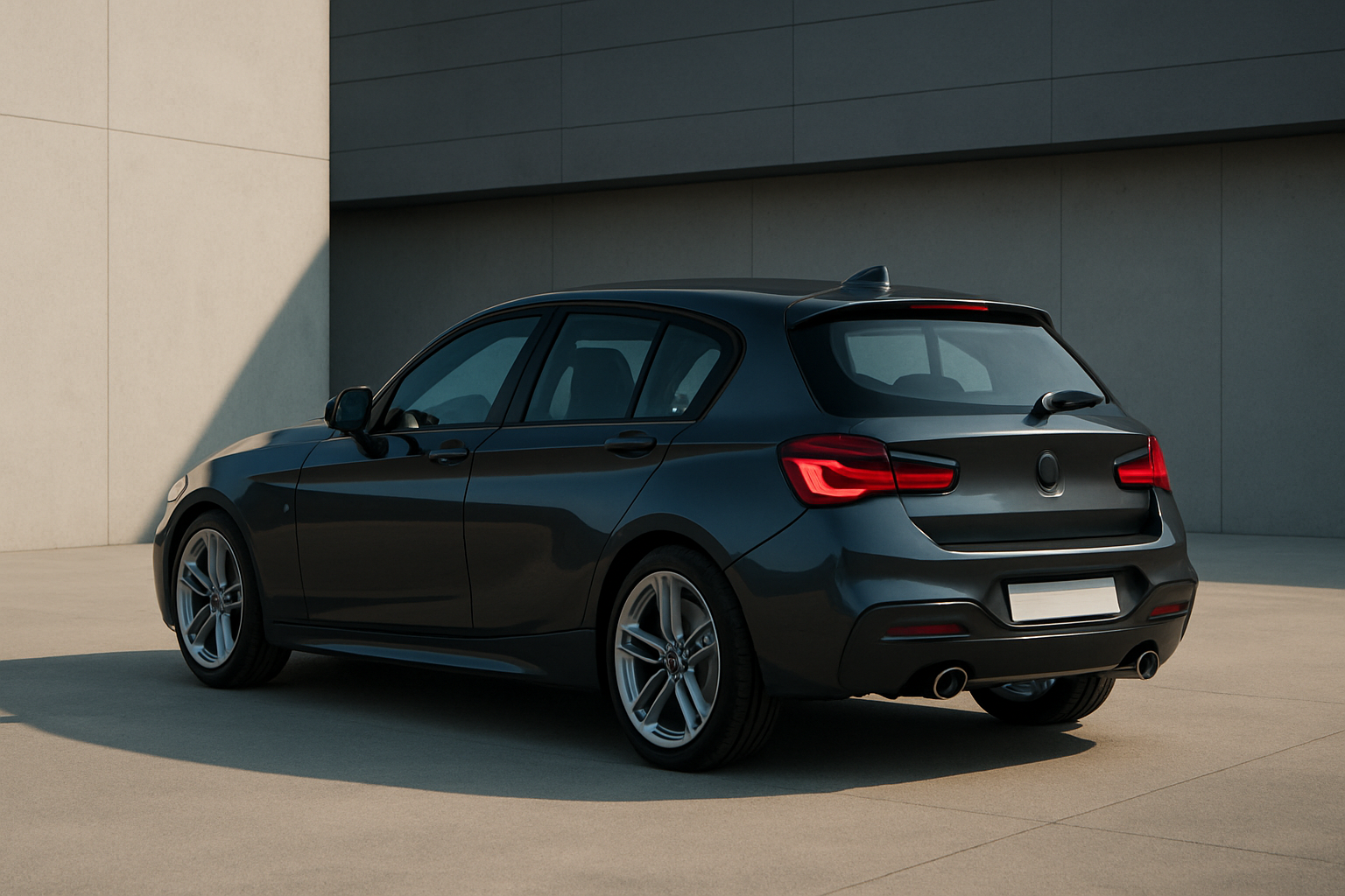 Dark grey hatchback with tinted windows parked on sunlit concrete, set against minimalist grey and beige building walls