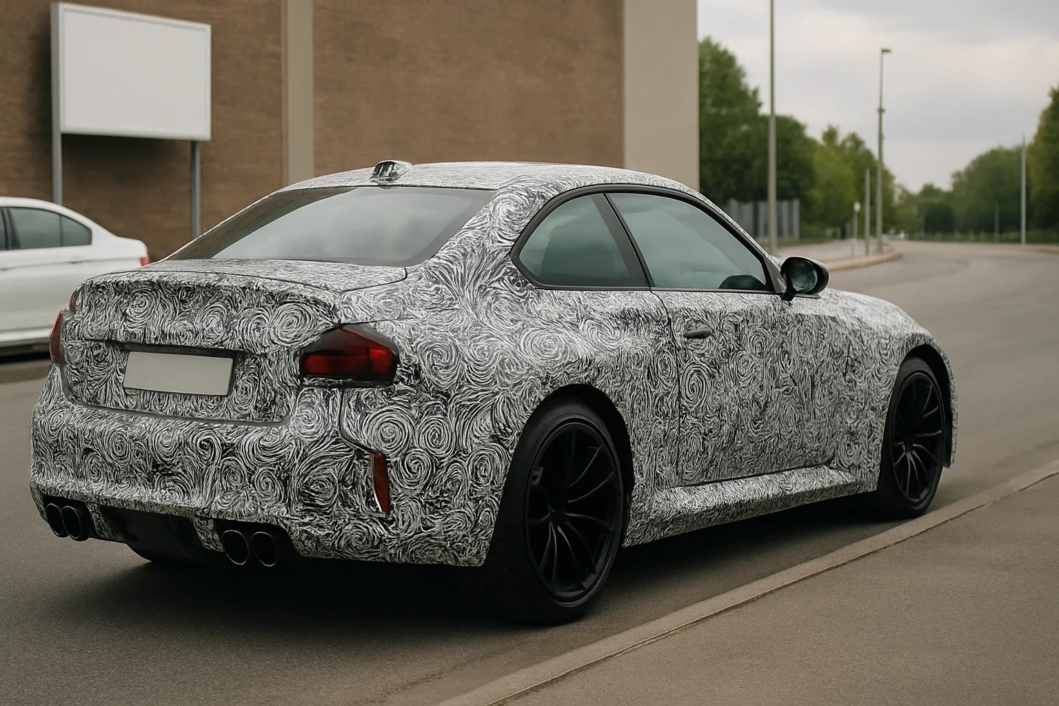A camouflaged coupe with flared wheel arches, black wheels, quad exhaust tips and swirling grey-white patterns parked by a kerb