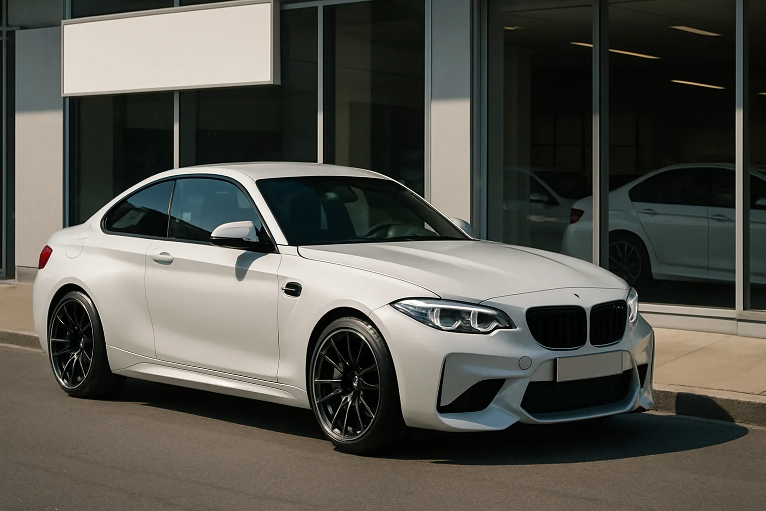 A compact white coupe with tinted windows and black wheels parked outside a modern glass-fronted building in daylight
