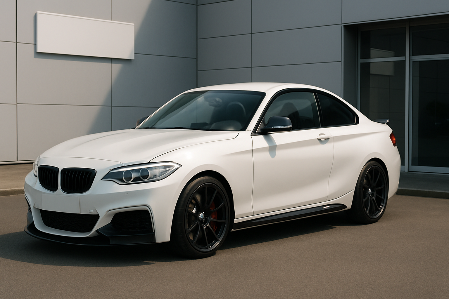 White two-door sports coupé with black wheels parked on smooth concrete beside a modern building with pale panelled walls